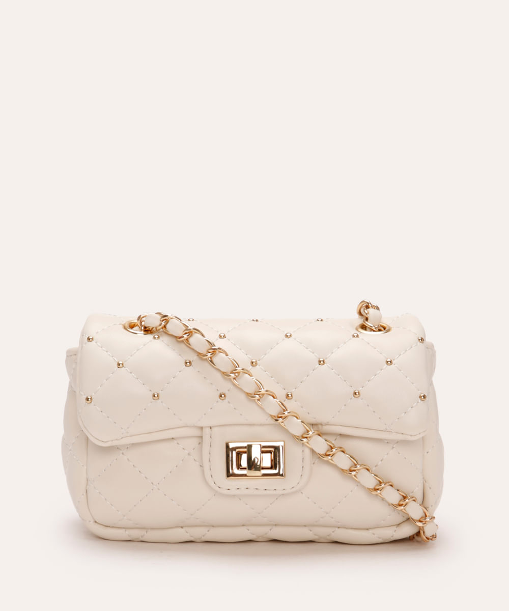 bolsa crossbody matelassê com tachas preto  off white