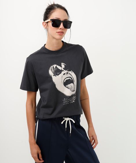 camiseta de algodão banda kiss manga curta cinza