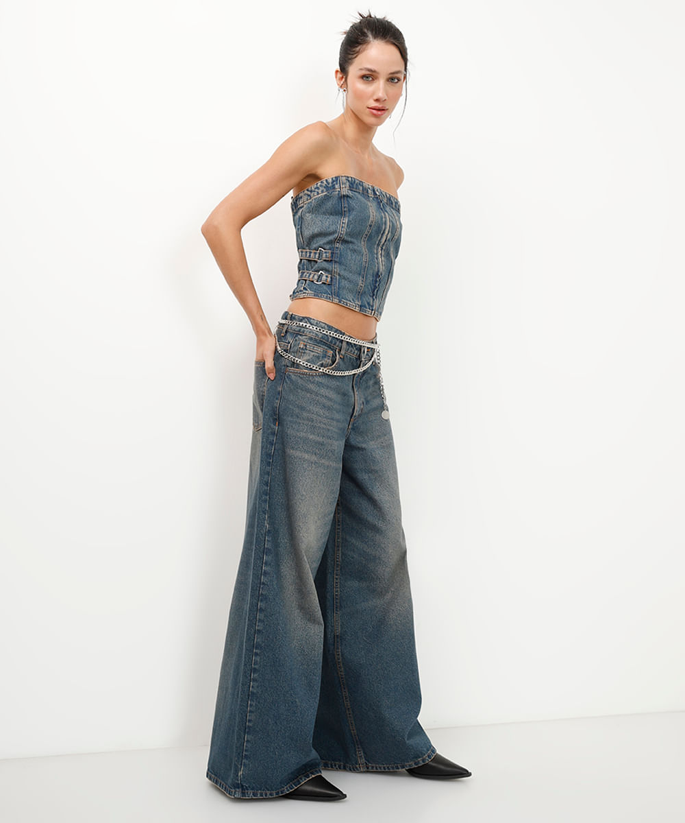 calça jeans super wide leg cintura média azul