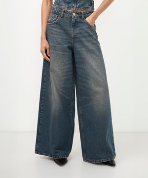 calça jeans super wide leg cintura média azul