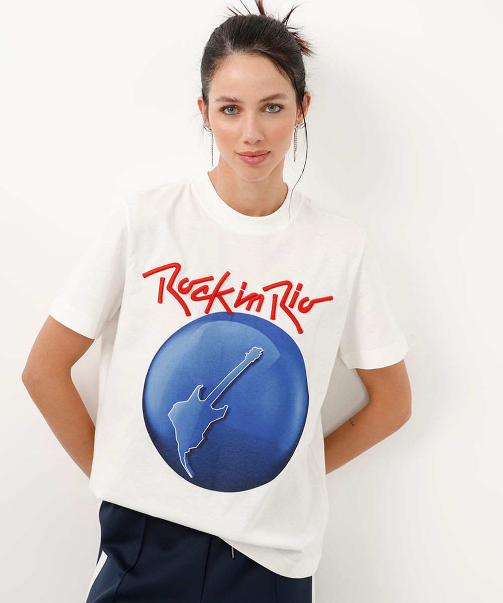 camiseta de algodão rock in rio manga curta off white