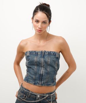 top cropped jeans sem alça com fivelas azul