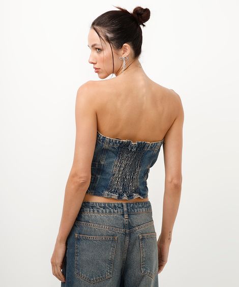top cropped jeans sem alça com fivelas azul