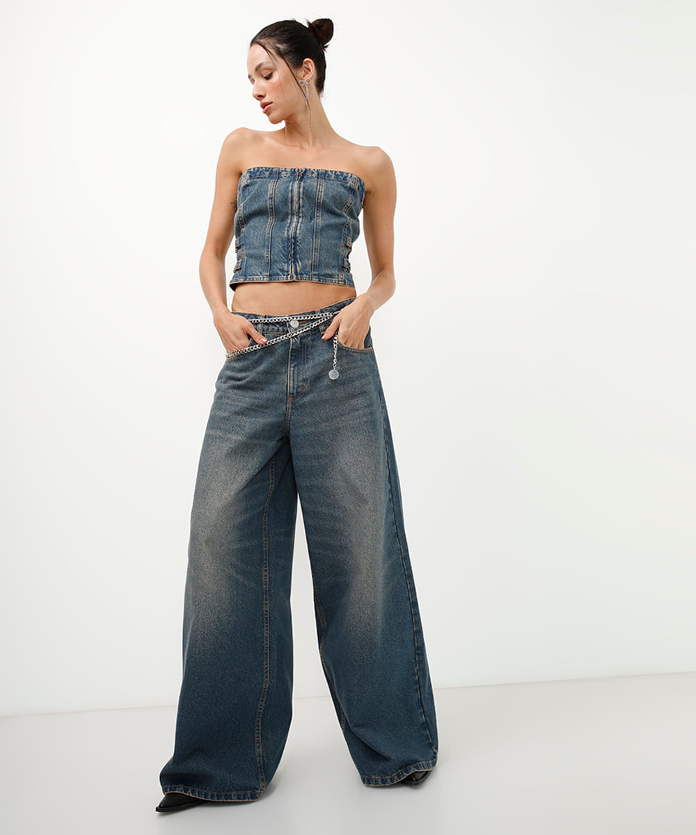 top cropped jeans sem alça com fivelas azul