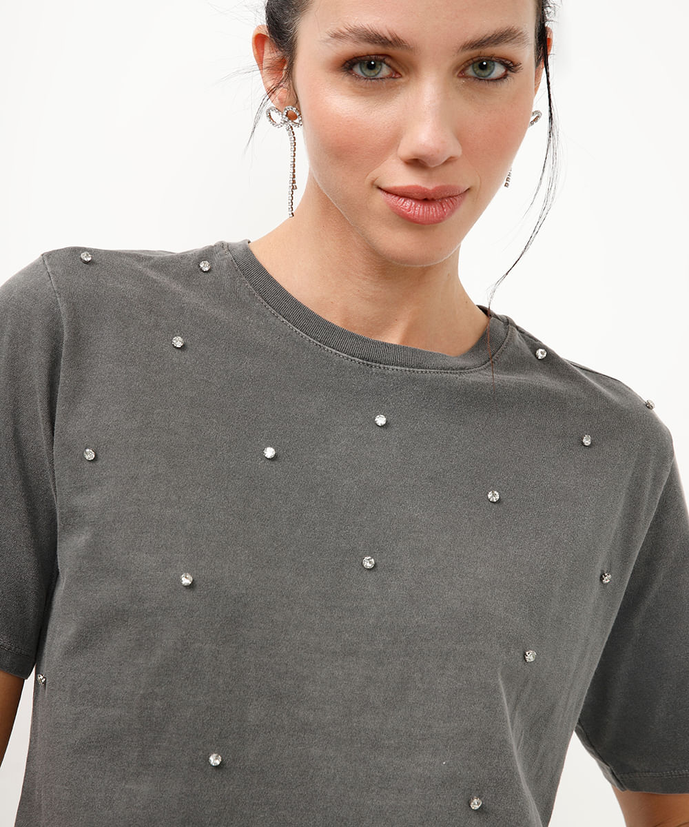 camiseta de algodão estonada com strass cinza