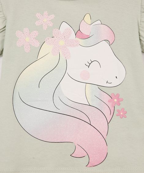 blusa de algodão infantil unicórnio com babado verde