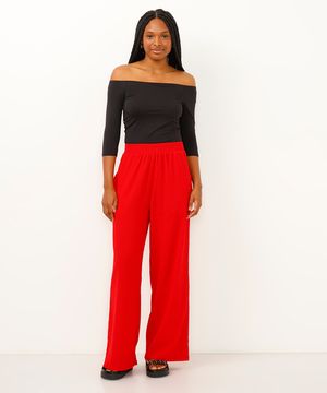 calça wide leg de malha texturizada vermelha