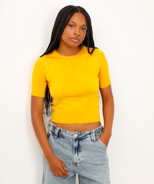 cropped de tricot manga curta amarelo