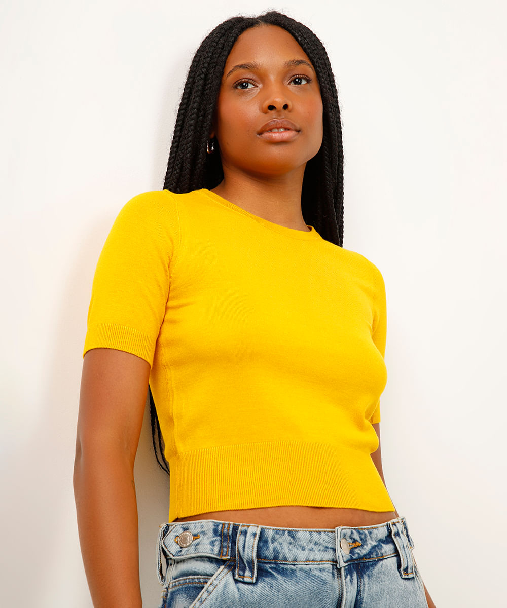 cropped de tricot manga curta amarelo