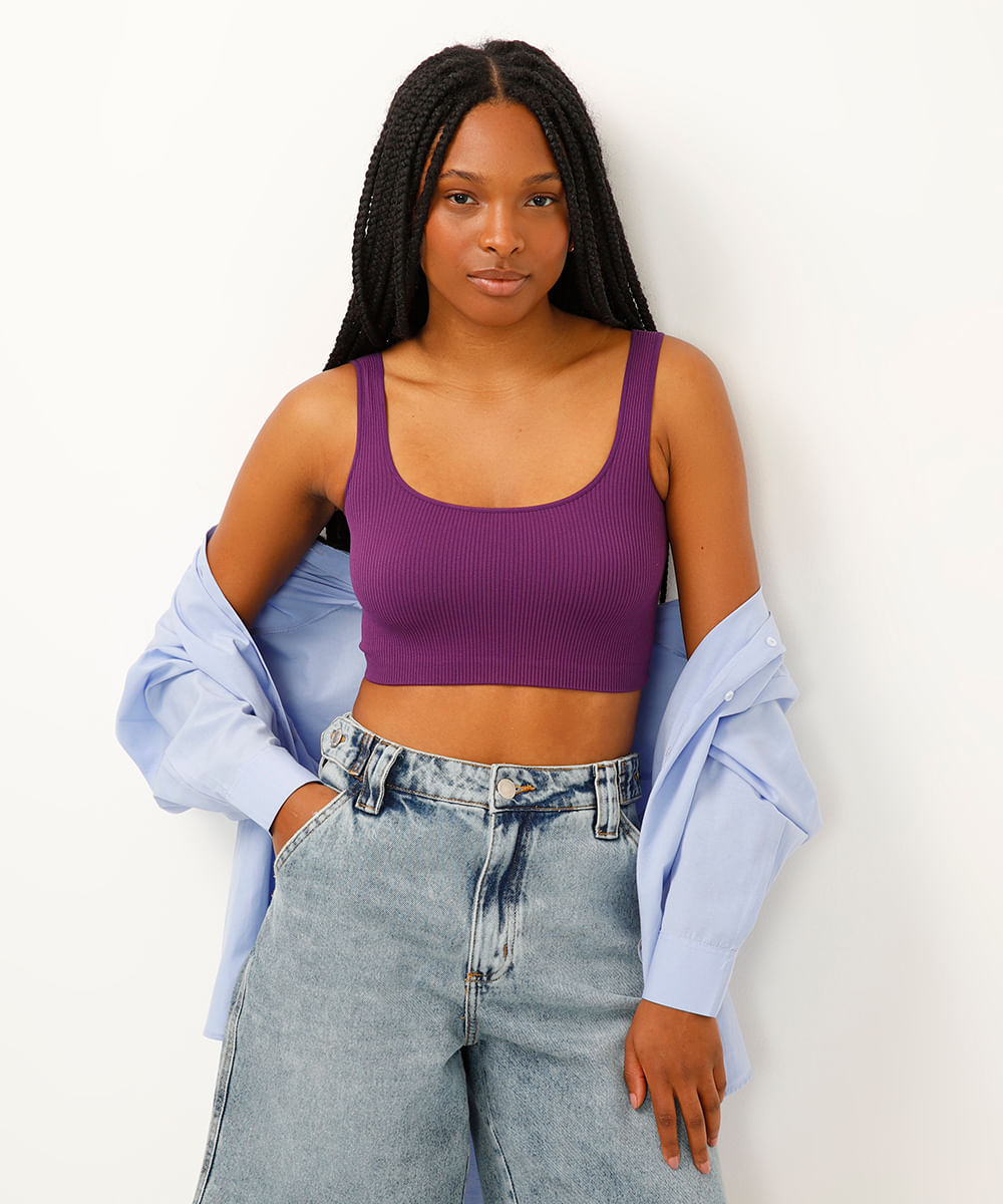 cropped básico de poliamida areia - roxo escuro