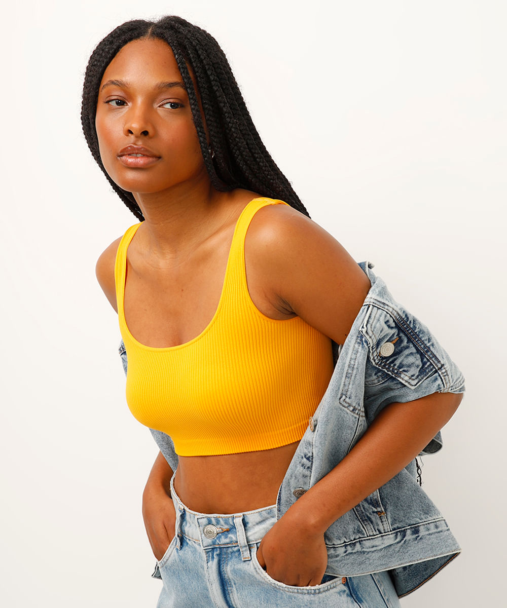 cropped básico de poliamida areia - amarelo sol