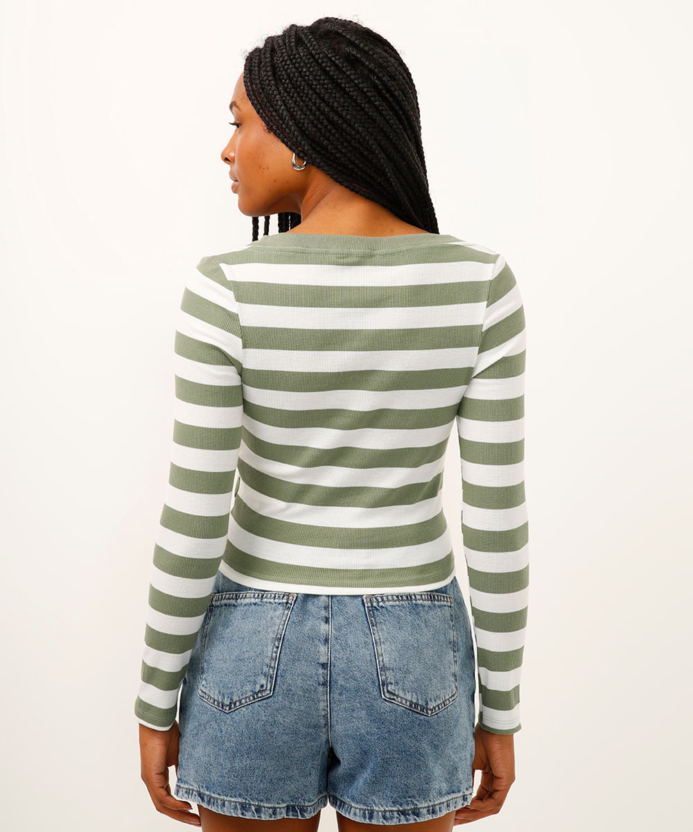 blusa manga longa listrada com decote v verde
