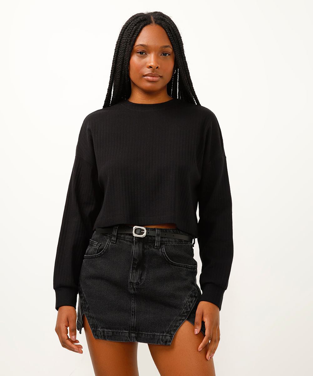 cropped de algodão canelado manga longa preto