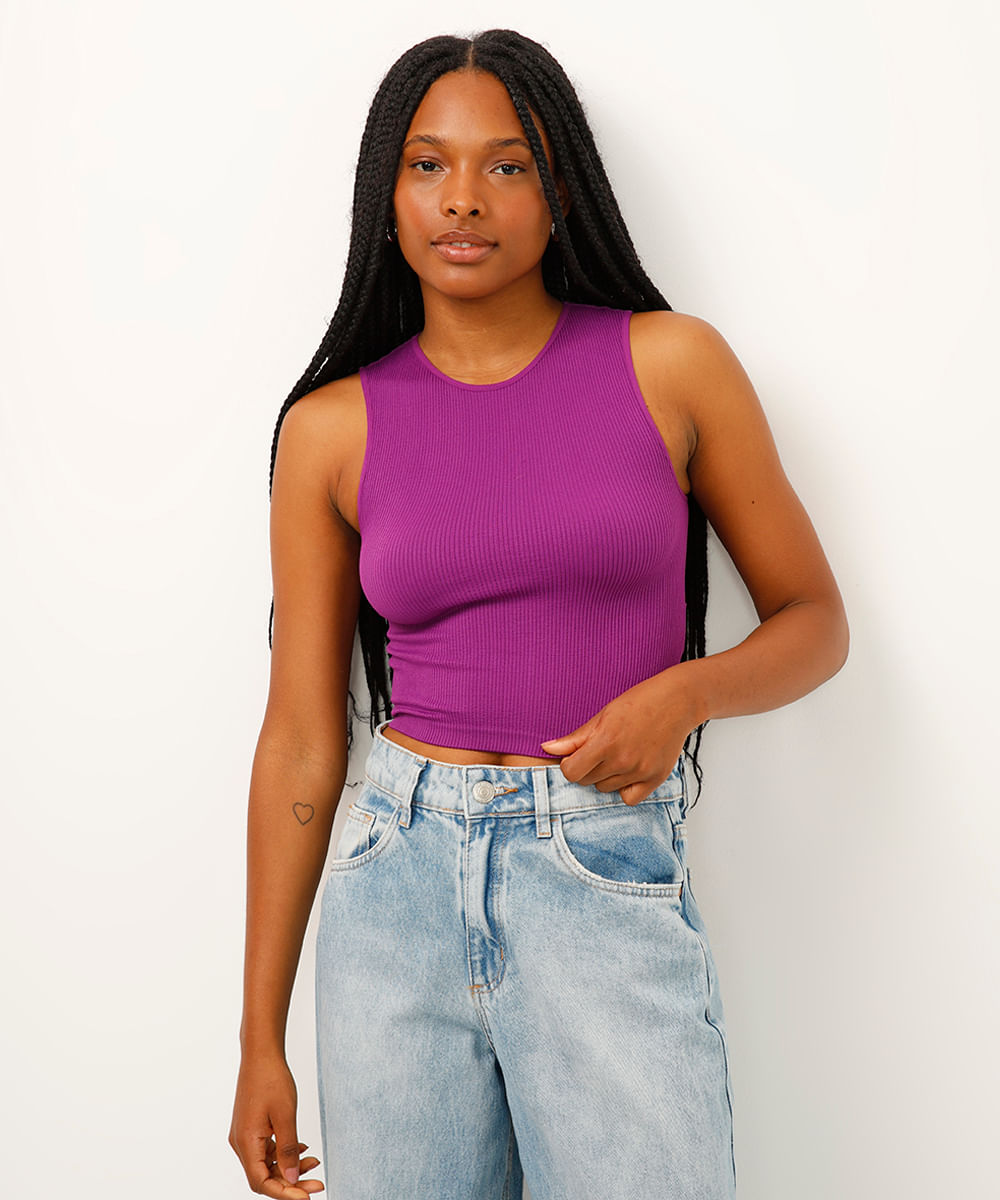 cropped halterneck de poliamida roxo