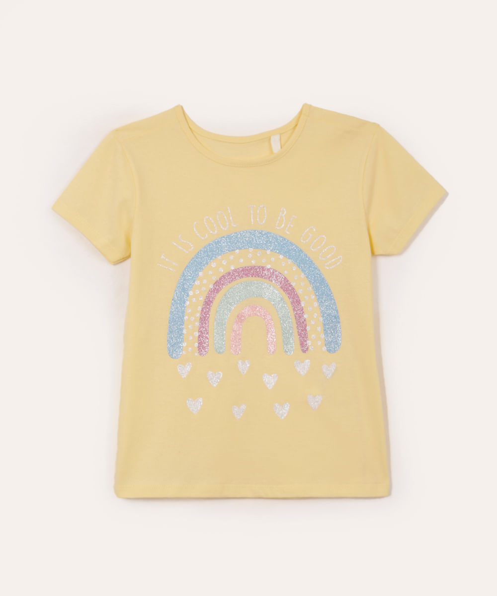 blusa de algodão infantil arco íris com glitter amarela