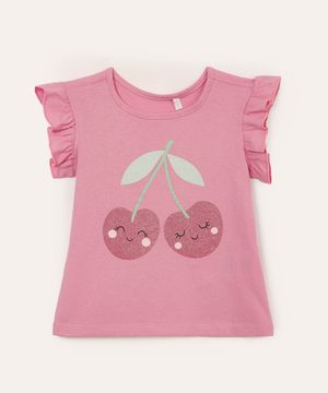 blusa de algodão infantil cereja com babado rosa