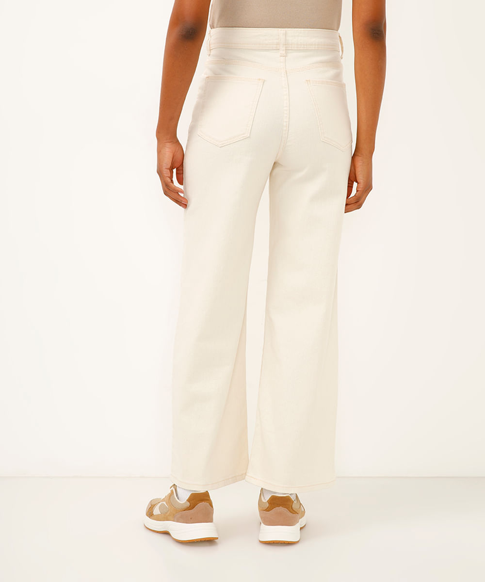 calça de sarja wide leg cropped cintura super alta bege