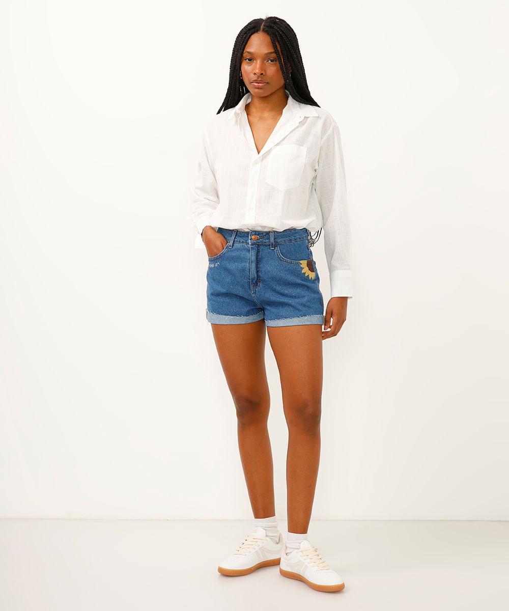 short mom jeans cintura super alta girassol azul