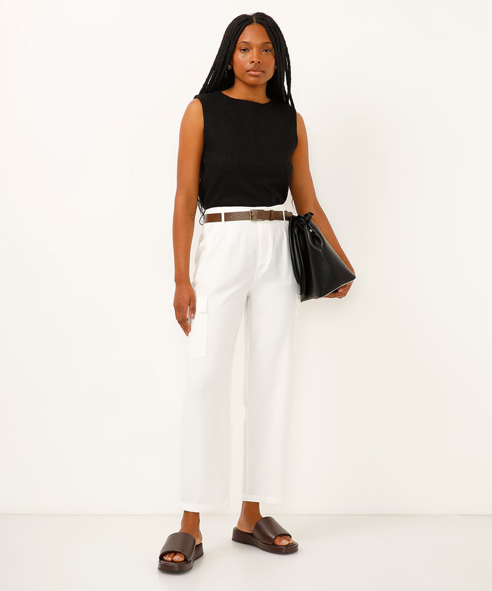 calça de viscose cargo cintura alta com cinto off white