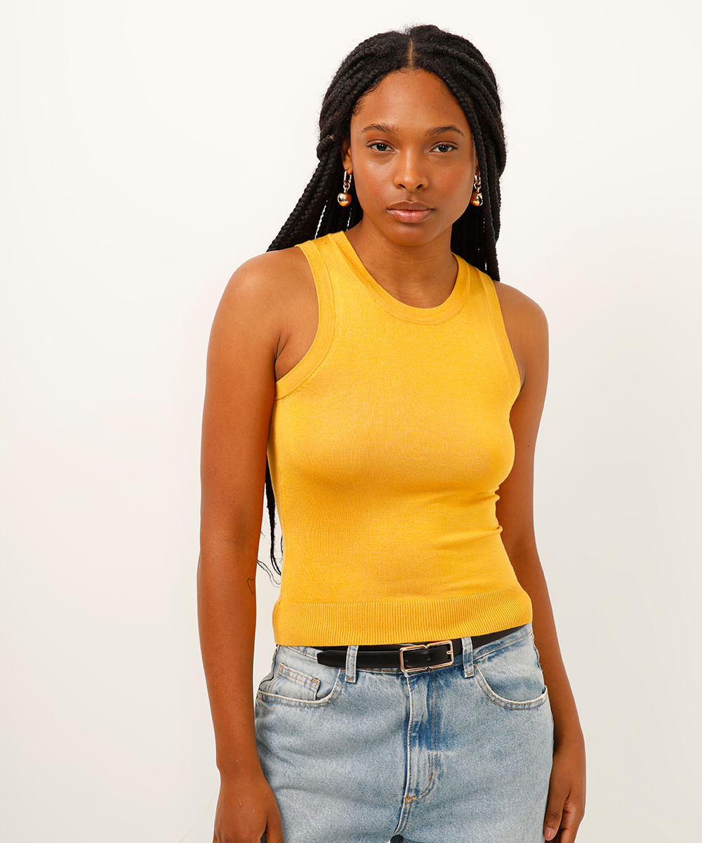 regata de tricot com alça média amarela