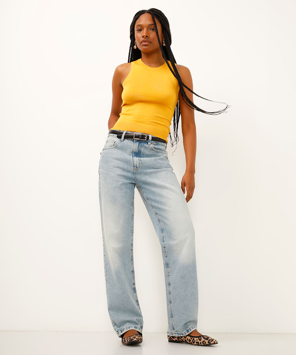 regata de tricot com alça média amarela