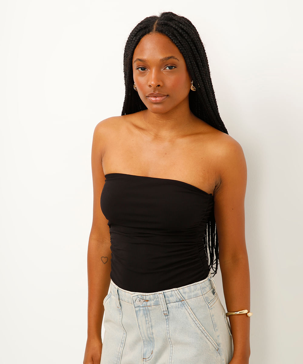 body decote reto sem alça drapeado preto