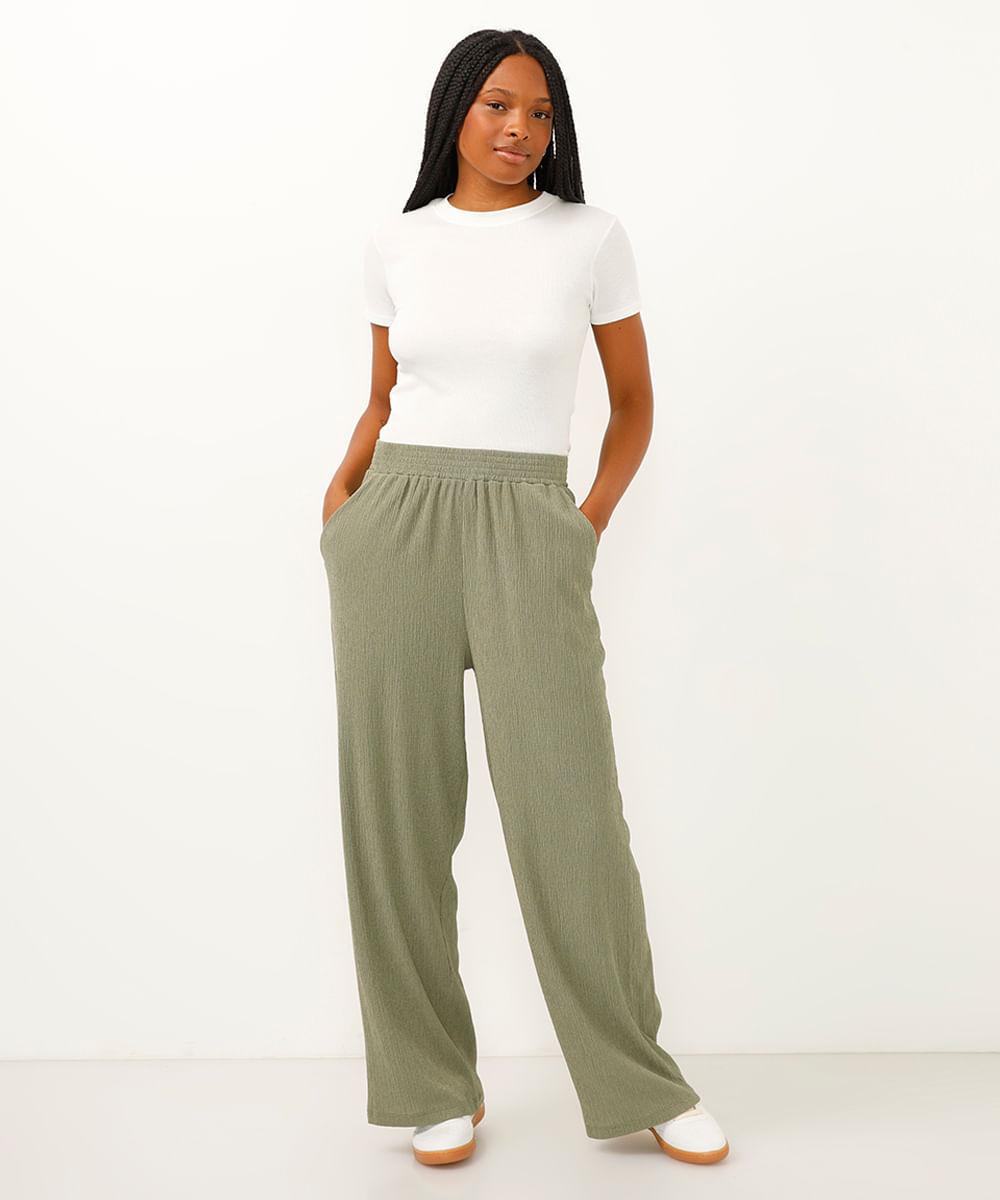 calça wide leg com bolsos texturizada verde