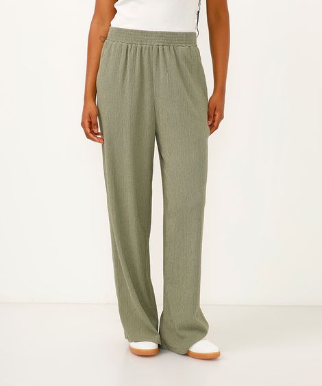 calça wide leg com bolsos texturizada verde