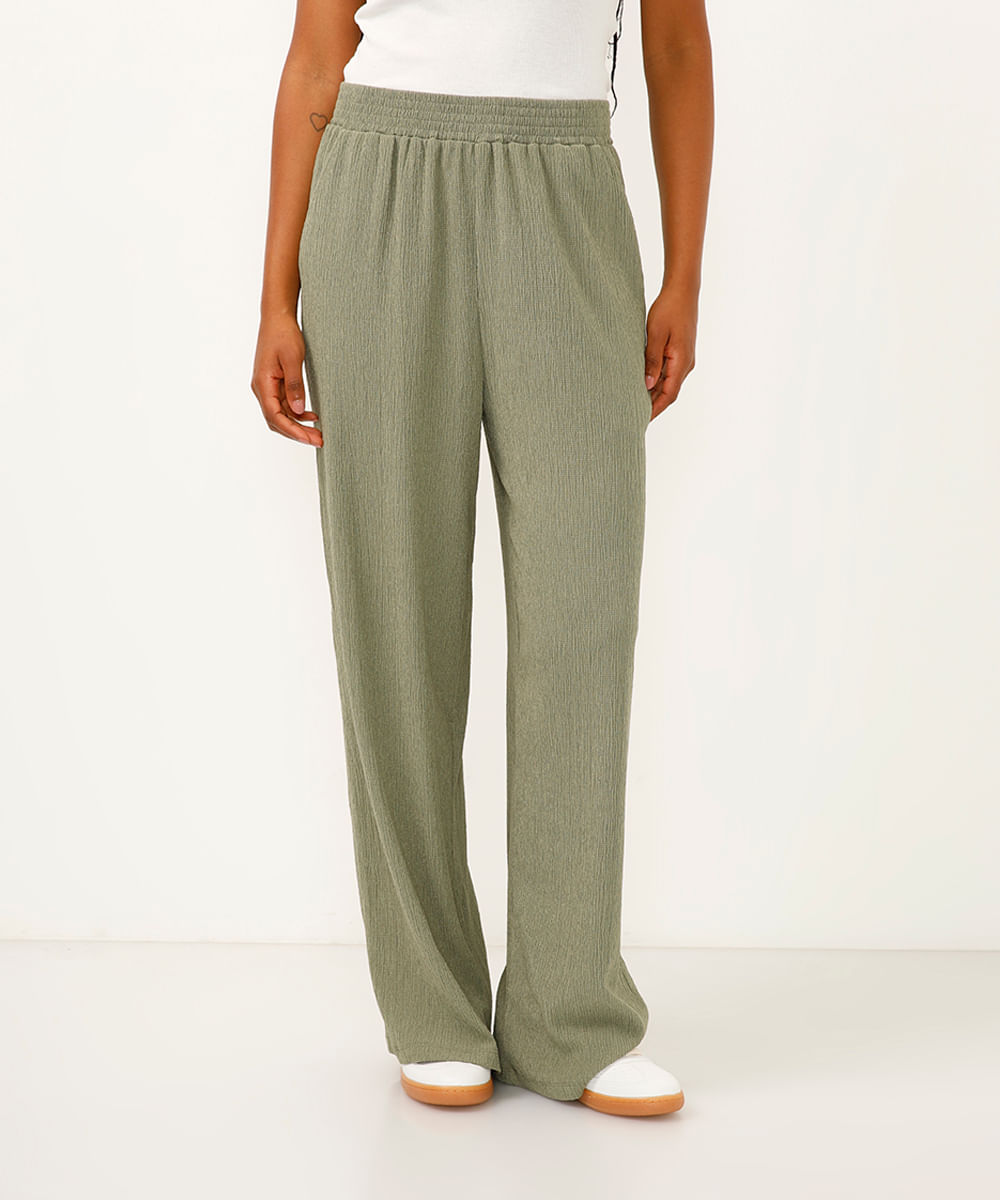 calça wide leg com bolsos texturizada verde