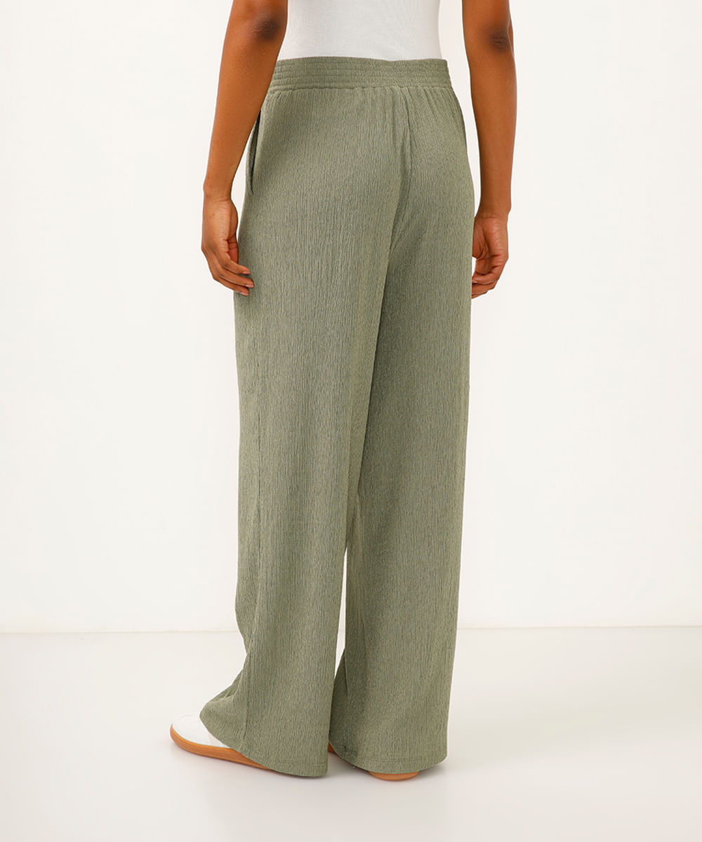 calça wide leg com bolsos texturizada verde