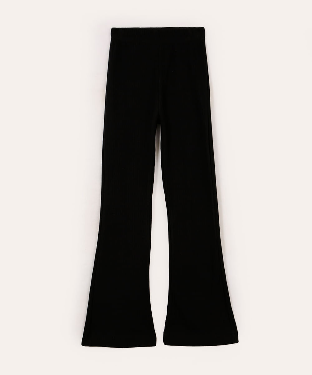 calça flare de algodão juvenil canelada preto