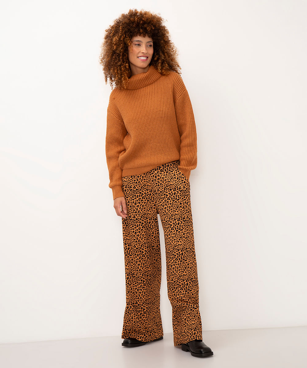 calça wide leg cintura alta animal print bege