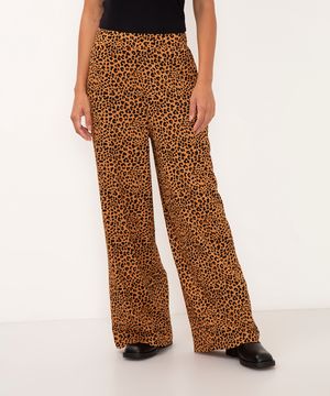 calça wide leg cintura alta animal print bege