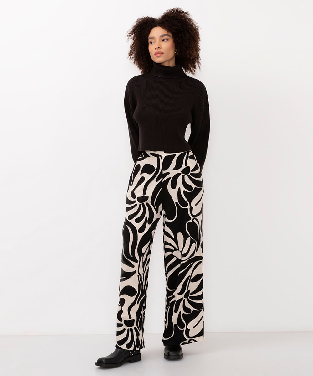 calça wide leg cintura alta folhagem preta