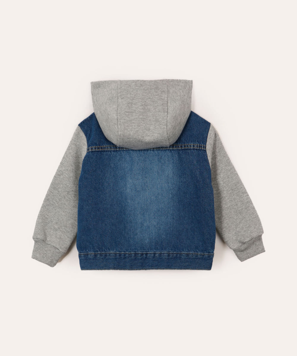 jaqueta jeans infantil com capuz e moletom cinza