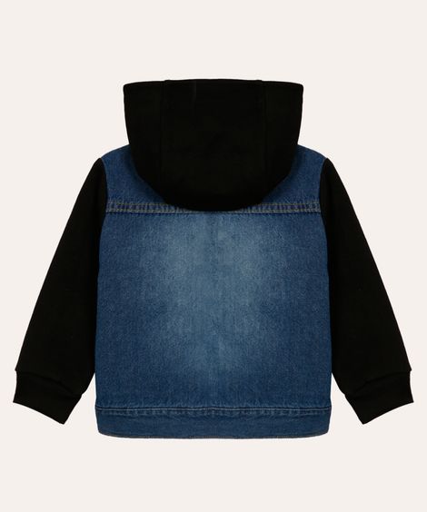 jaqueta jeans infantil com manga e capuz de moletom preto