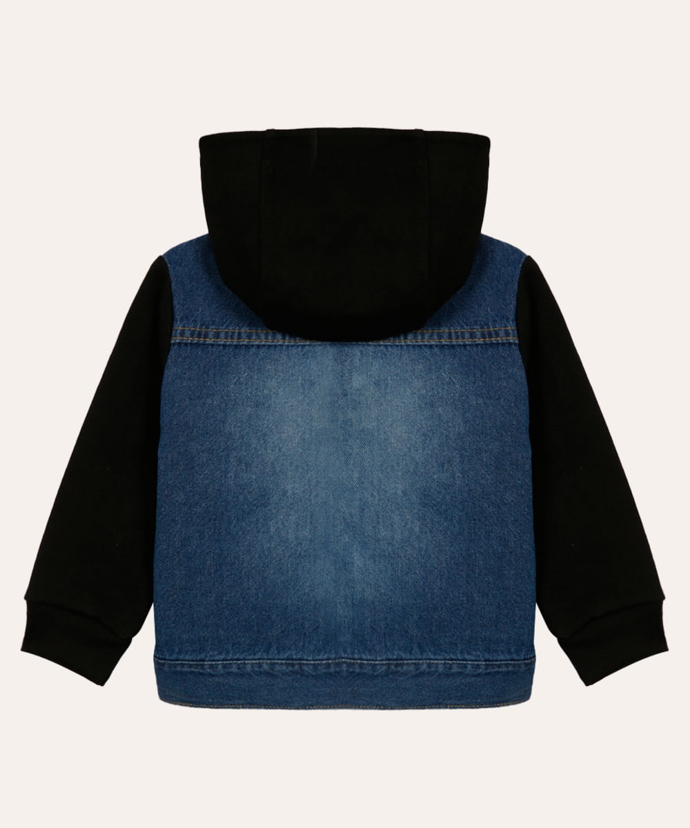 jaqueta jeans infantil com manga e capuz de moletom preto