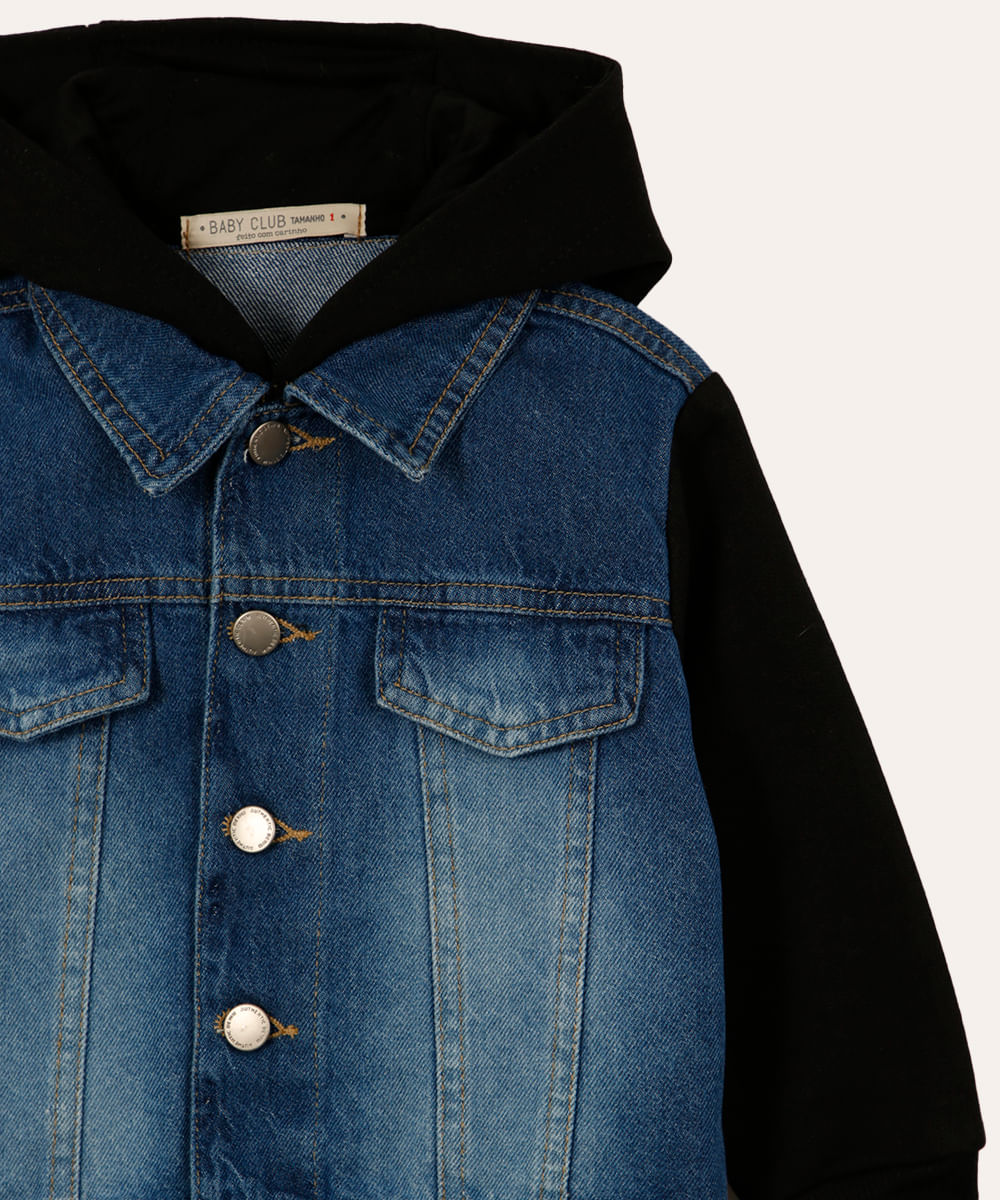 jaqueta jeans infantil com manga e capuz de moletom preto