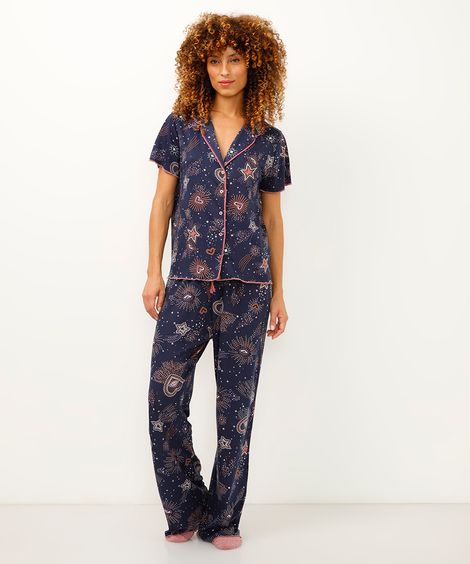 pijama americano de viscose com estrelas manga curta azul marinho
