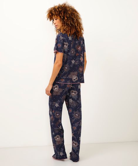 pijama americano de viscose com estrelas manga curta azul marinho