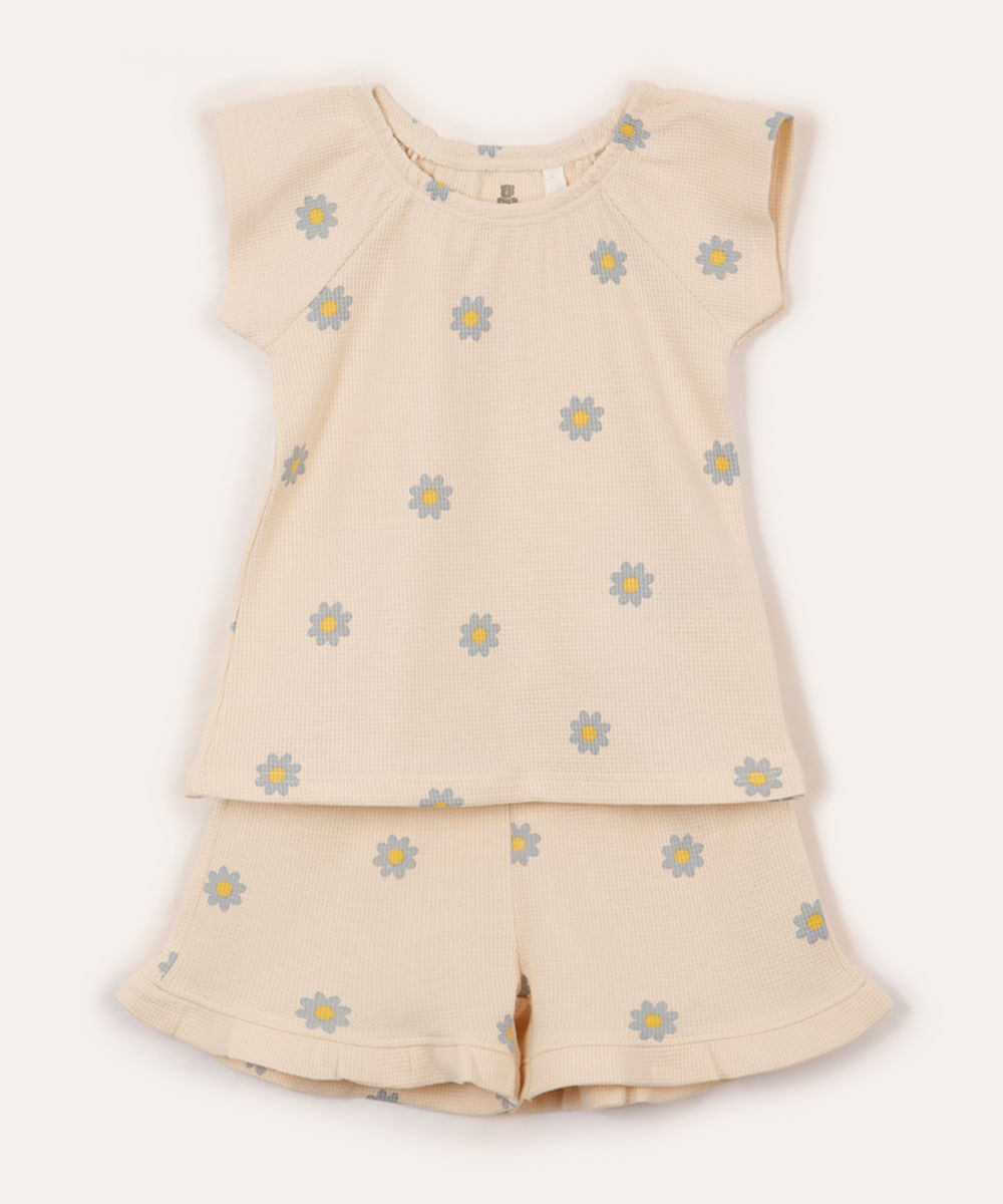 conjunto infantil texturizado margaridas bege