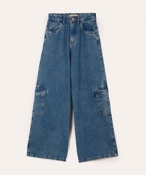 calça jeans wide leg cargo infantil azul