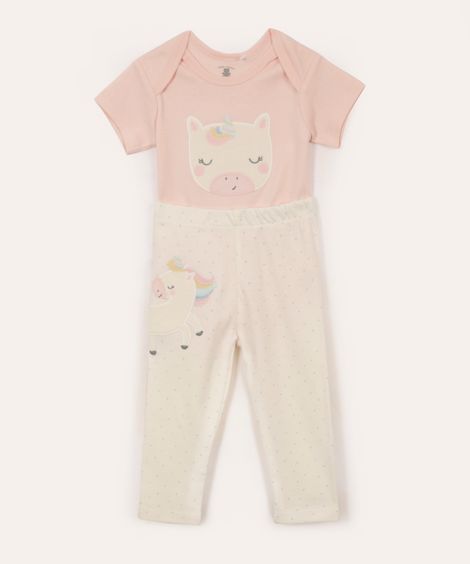conjunto de algodão infantil unicórnio e poá rosa