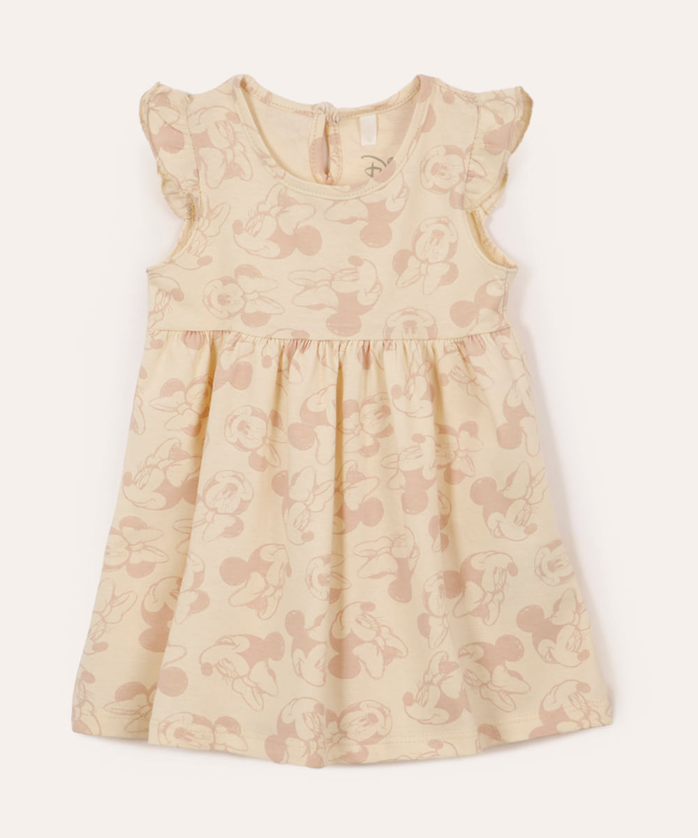vestido de algodão infantil minnie com babado bege