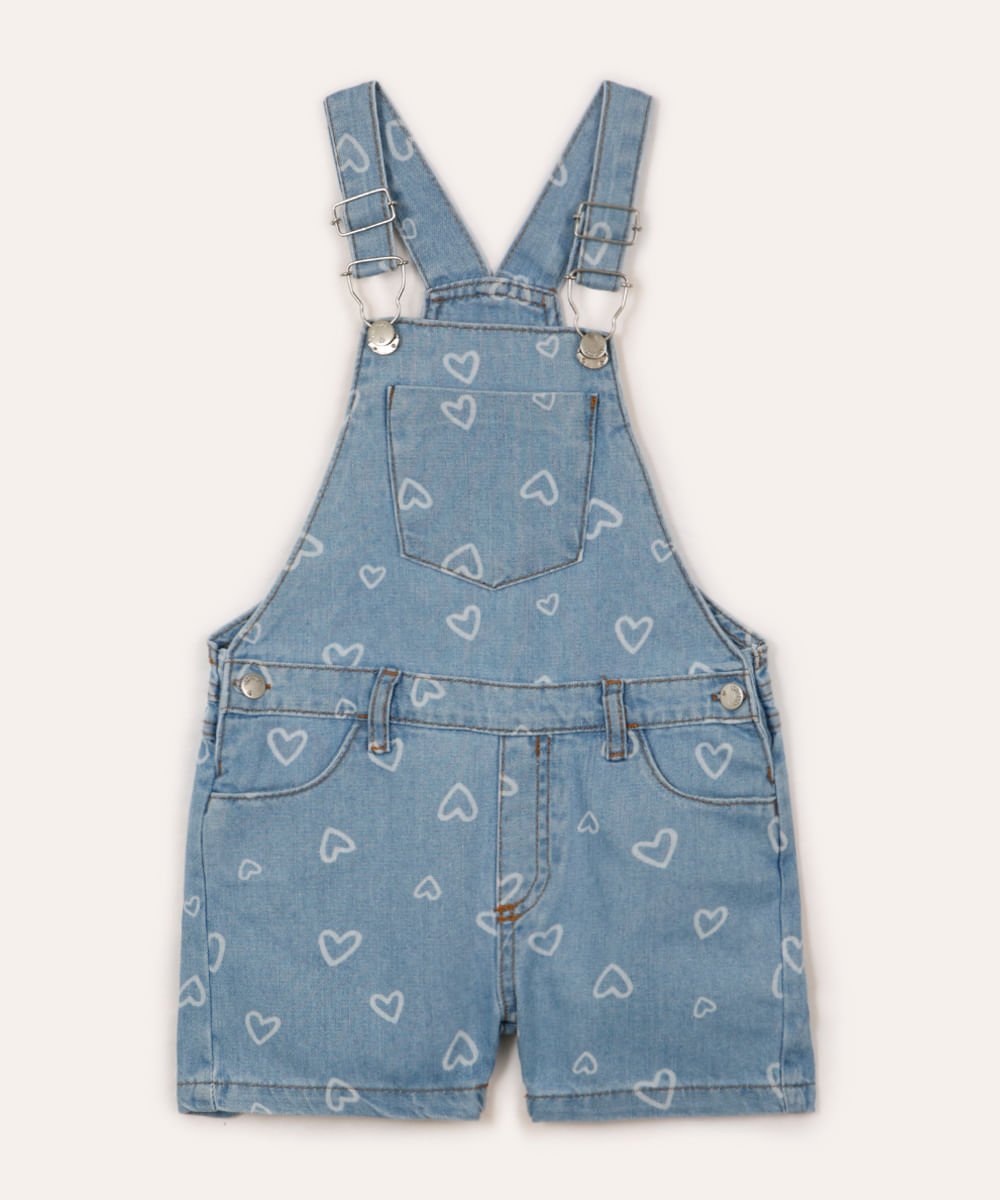 jardineira infantil jeans corações azul