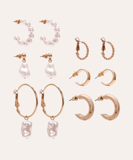 kit de 6 pares de brincos mini argola e pérolas dourado
