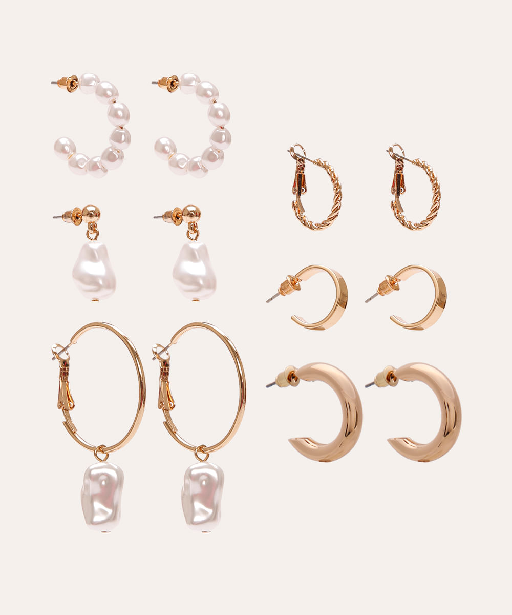 kit de 6 pares de brincos mini argola e pérolas dourado