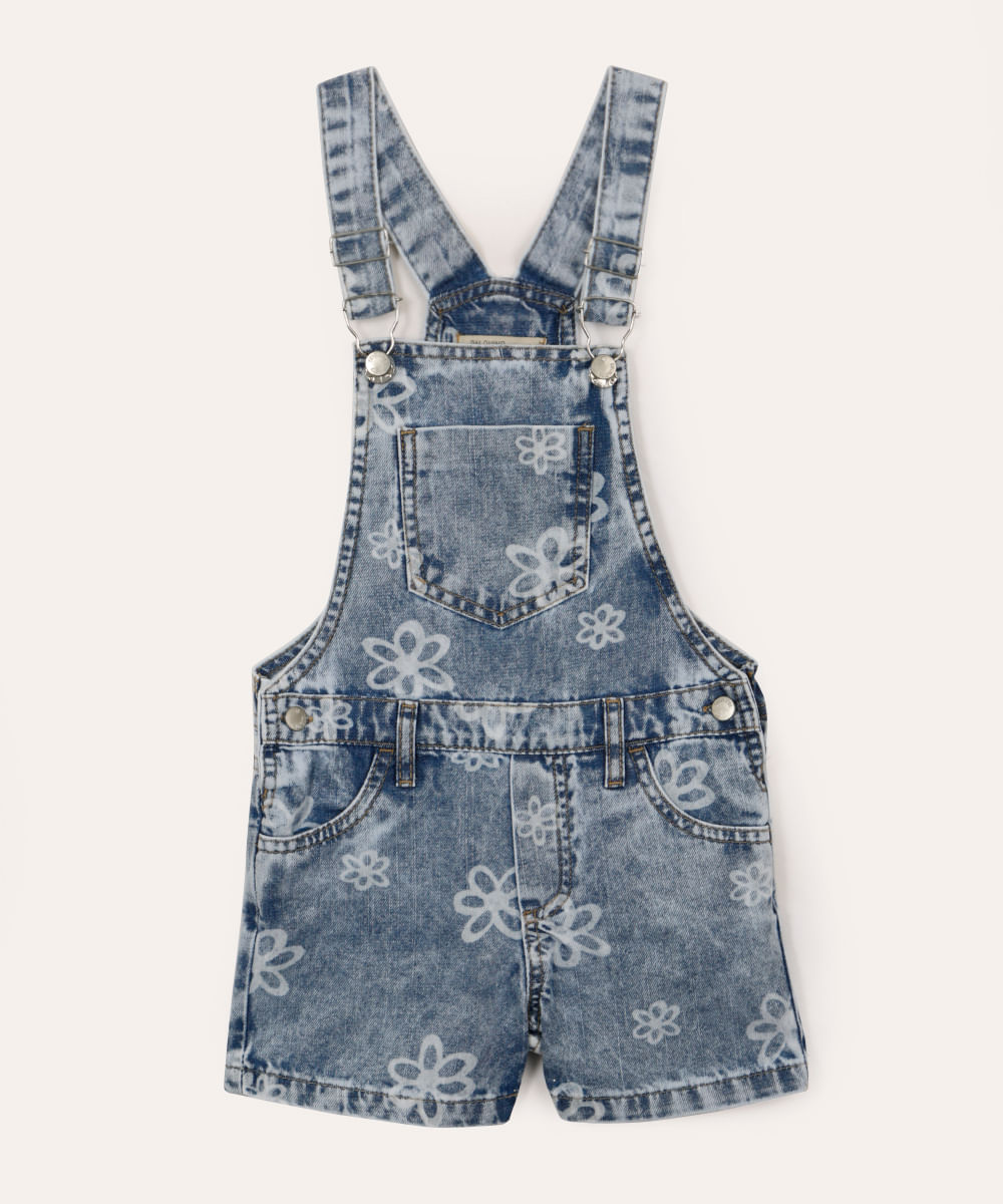 jardineira jeans infantil floral azul