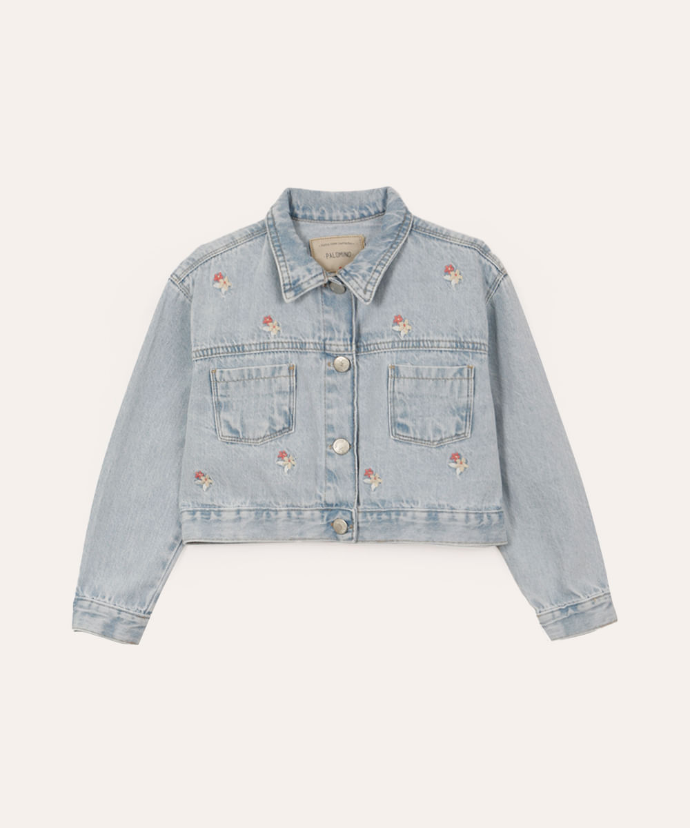 jaqueta jeans cropped infantil floral azul