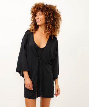 kimono de praia com amarração manga longa preto